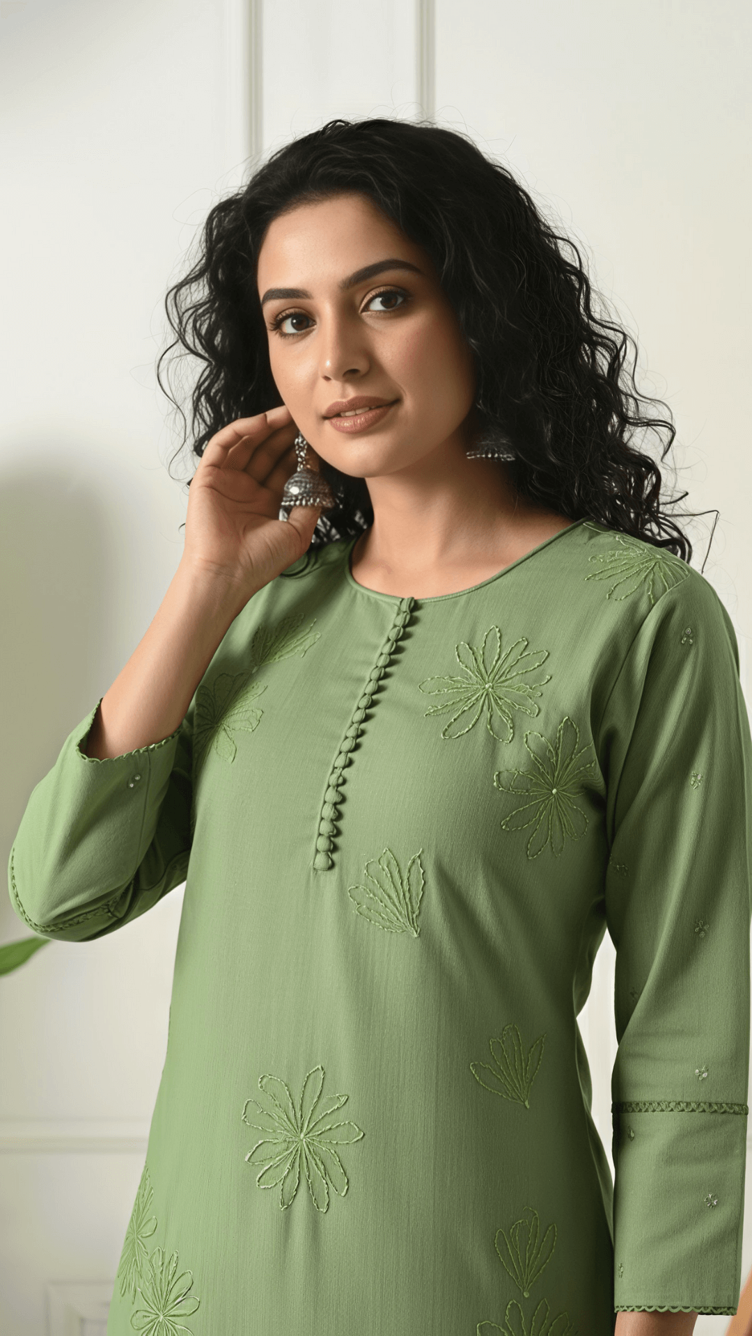 Sage Green Embroidered Cotton Kurta Set for Women | 2-Piece Set with Straight Pants – Lamenda Ethnic Wear