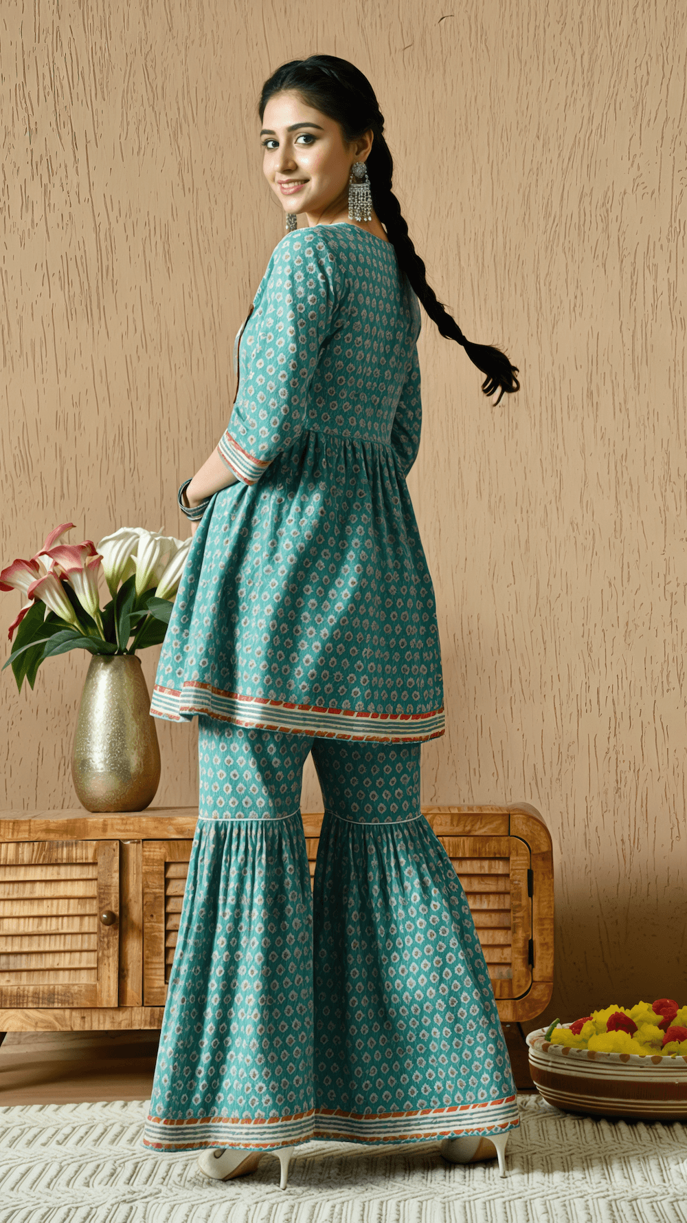 Teal & Coral Printed Cotton Kurta with Sharara Pants for Women | 2-Piece Set – Lamenda Ethnic Wear