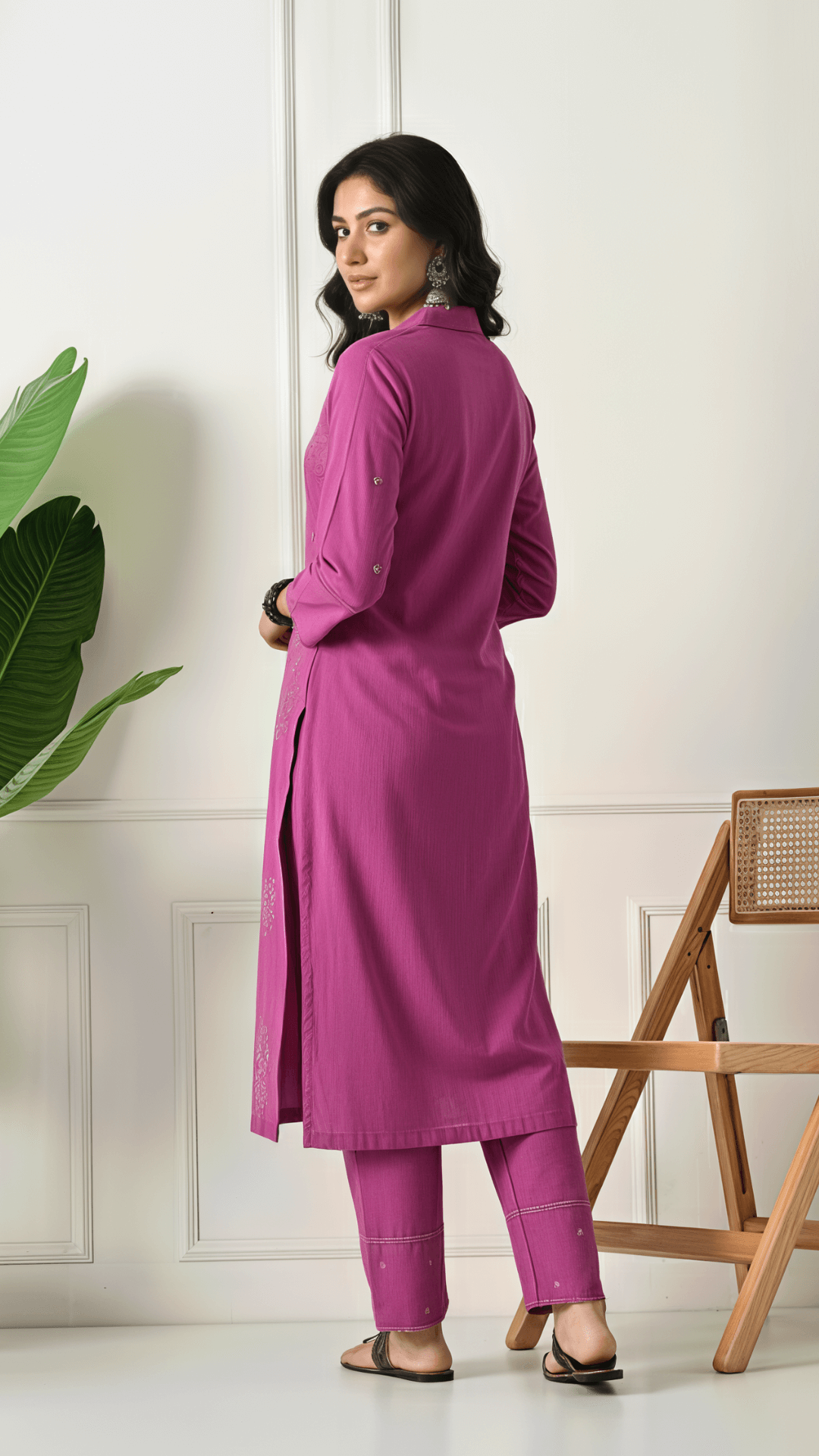 Magenta Embroidered Cotton Kurta Set for Women | 2-Piece Set with Straight Pants – Lamenda Ethnic Wear