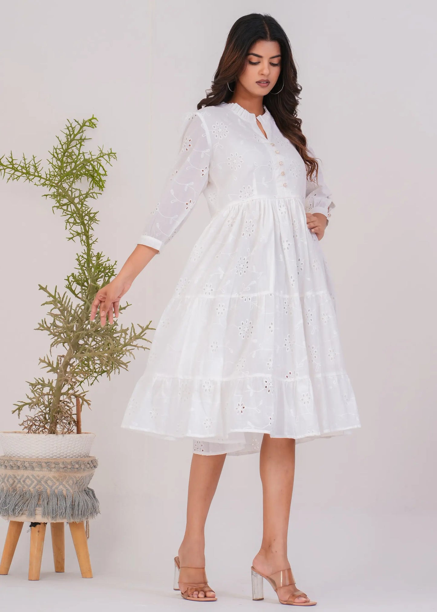 White Cotton Eyelet Fit & Flare Midi Dress for Women | Elegant Summer Look – Lamenda