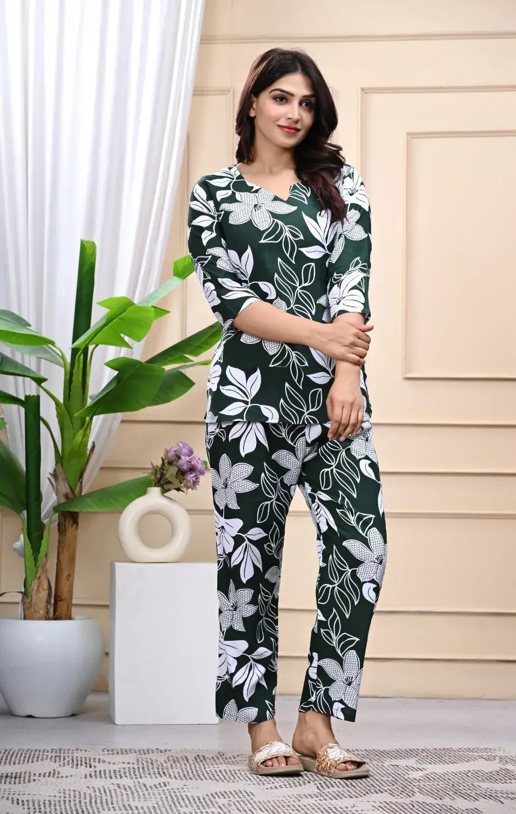 Dark Green Floral Print Cotton Co-ord Set for Women – Lamenda