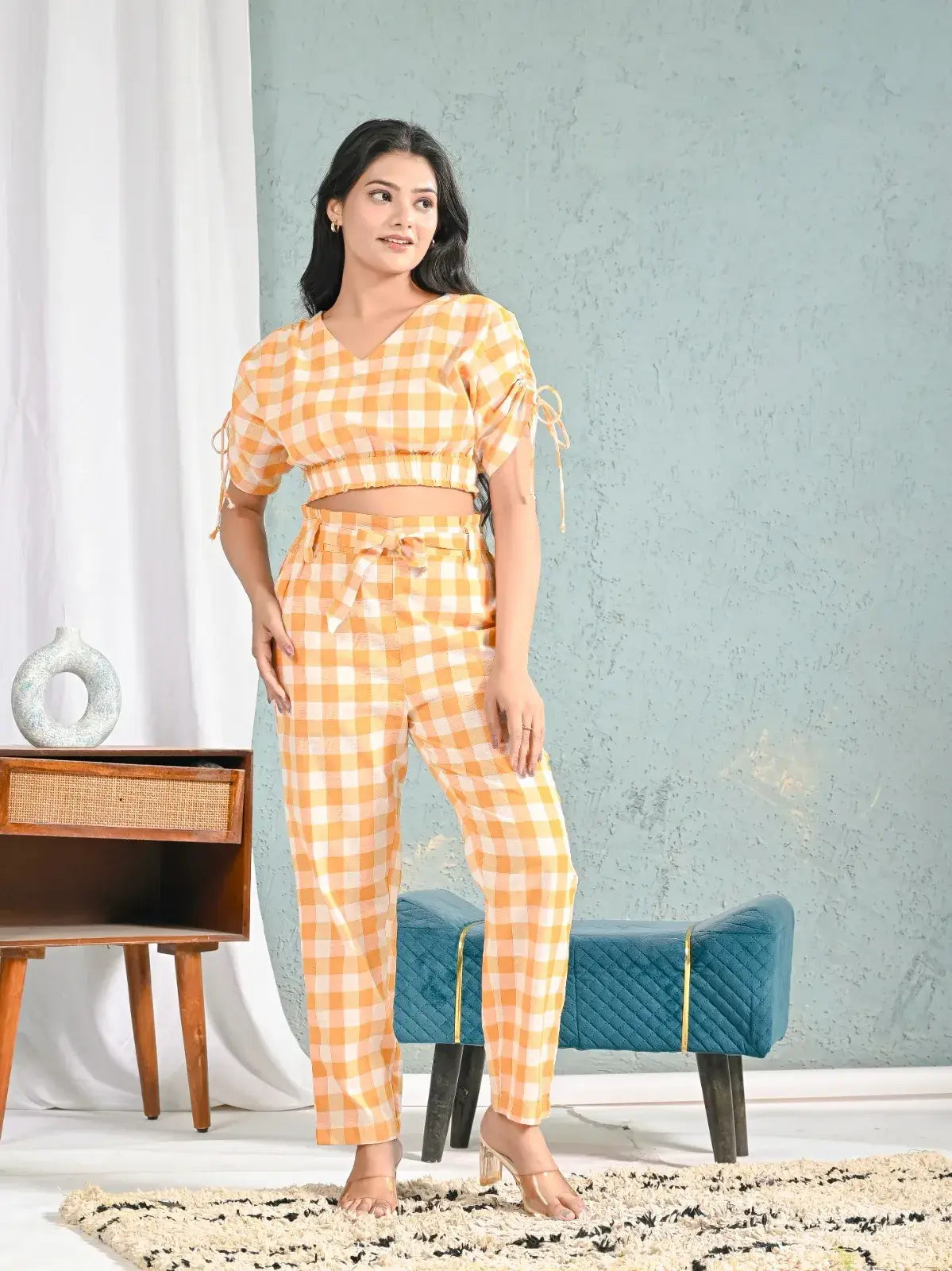 Yellow White Gingham Check Crop Top and Pants Co-ord Set for Women  Summer Chic Outfits – Lamenda