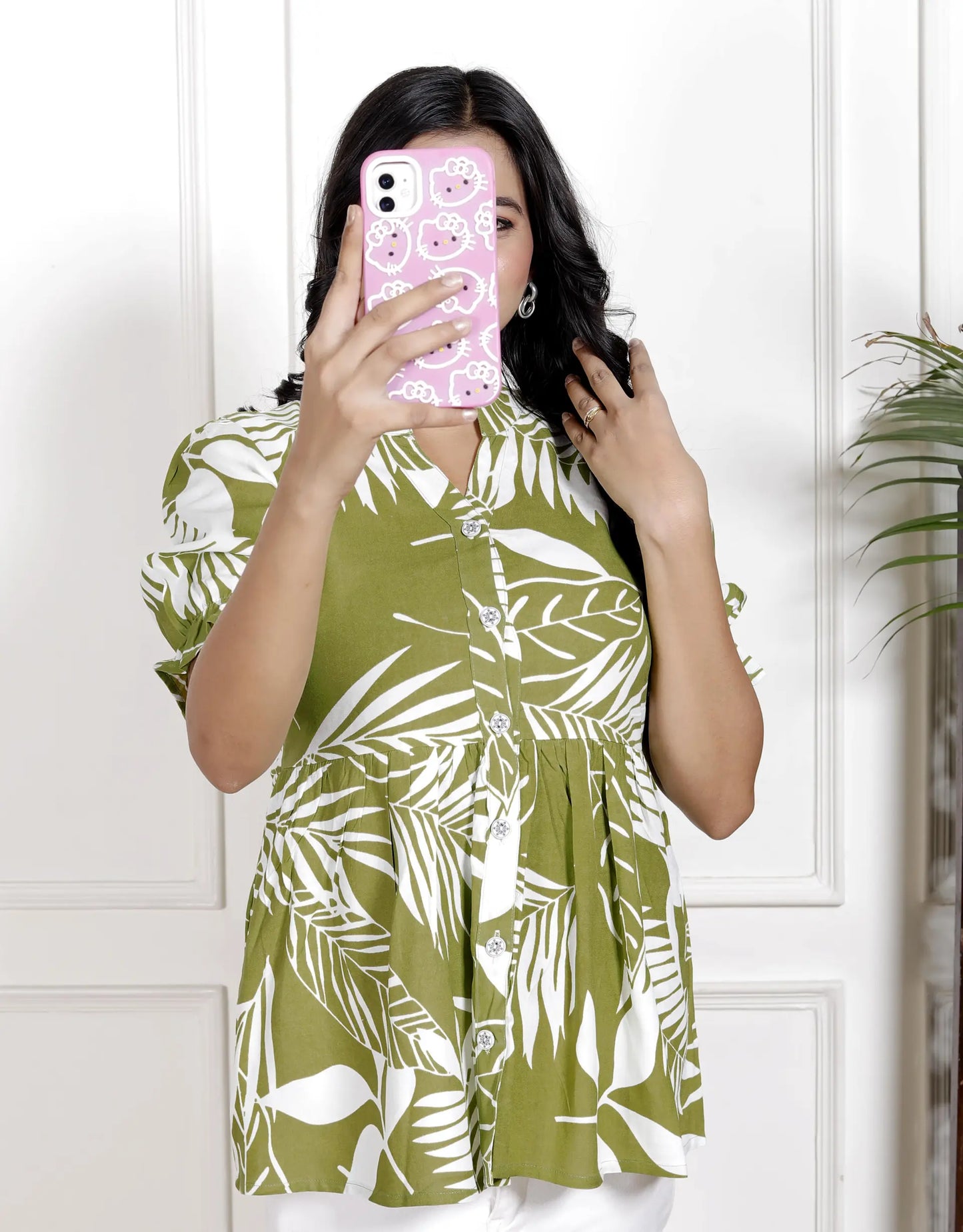 Green Leaf Print Peplum Shirt with Puff Sleeves & Button-Down Front | Breezy Cotton Casualwear – Lamenda