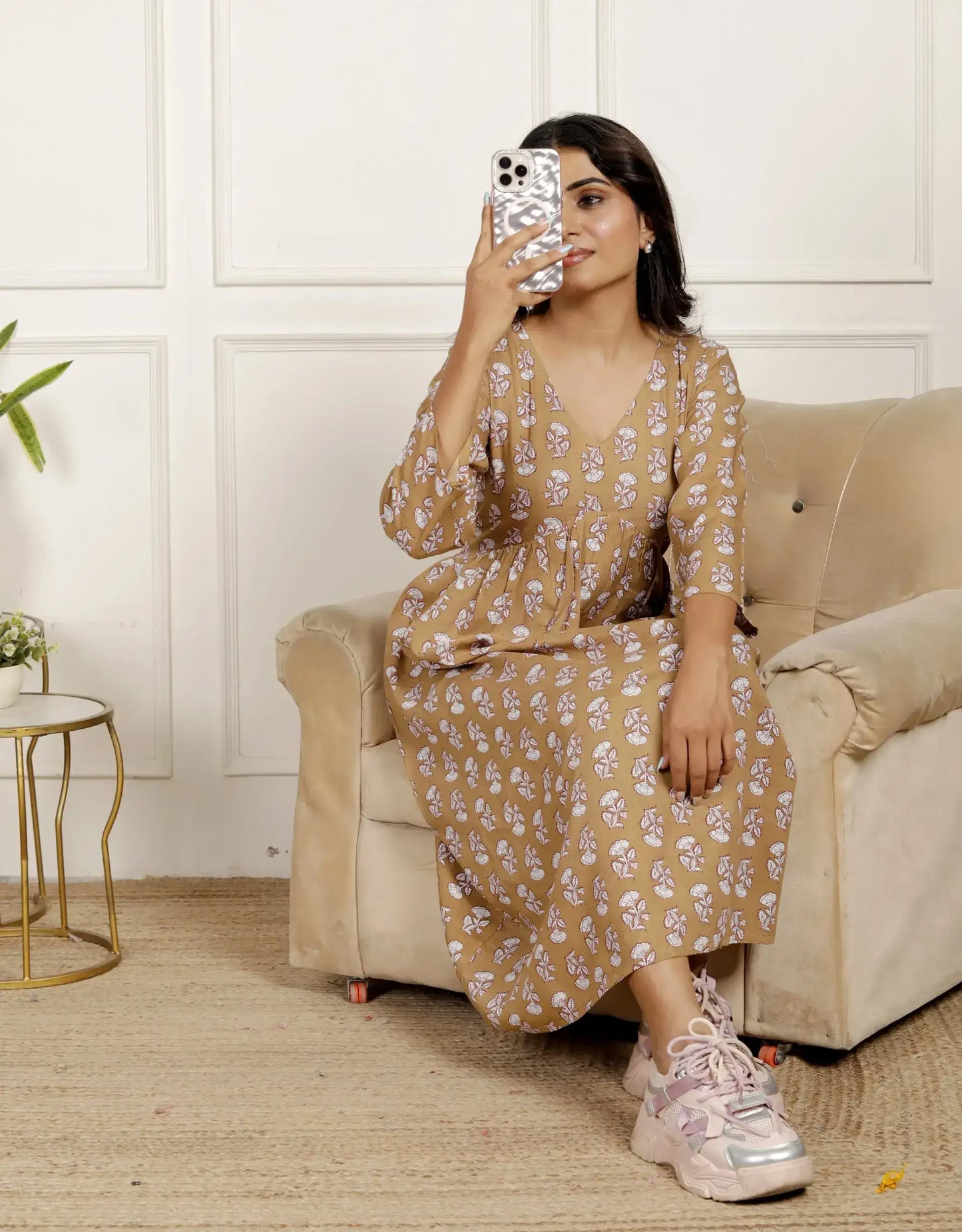 Beige Floral Print Midi Dress with V-Neck & 3/4 Sleeves | Effortless Chic Daily Wear – Lamenda