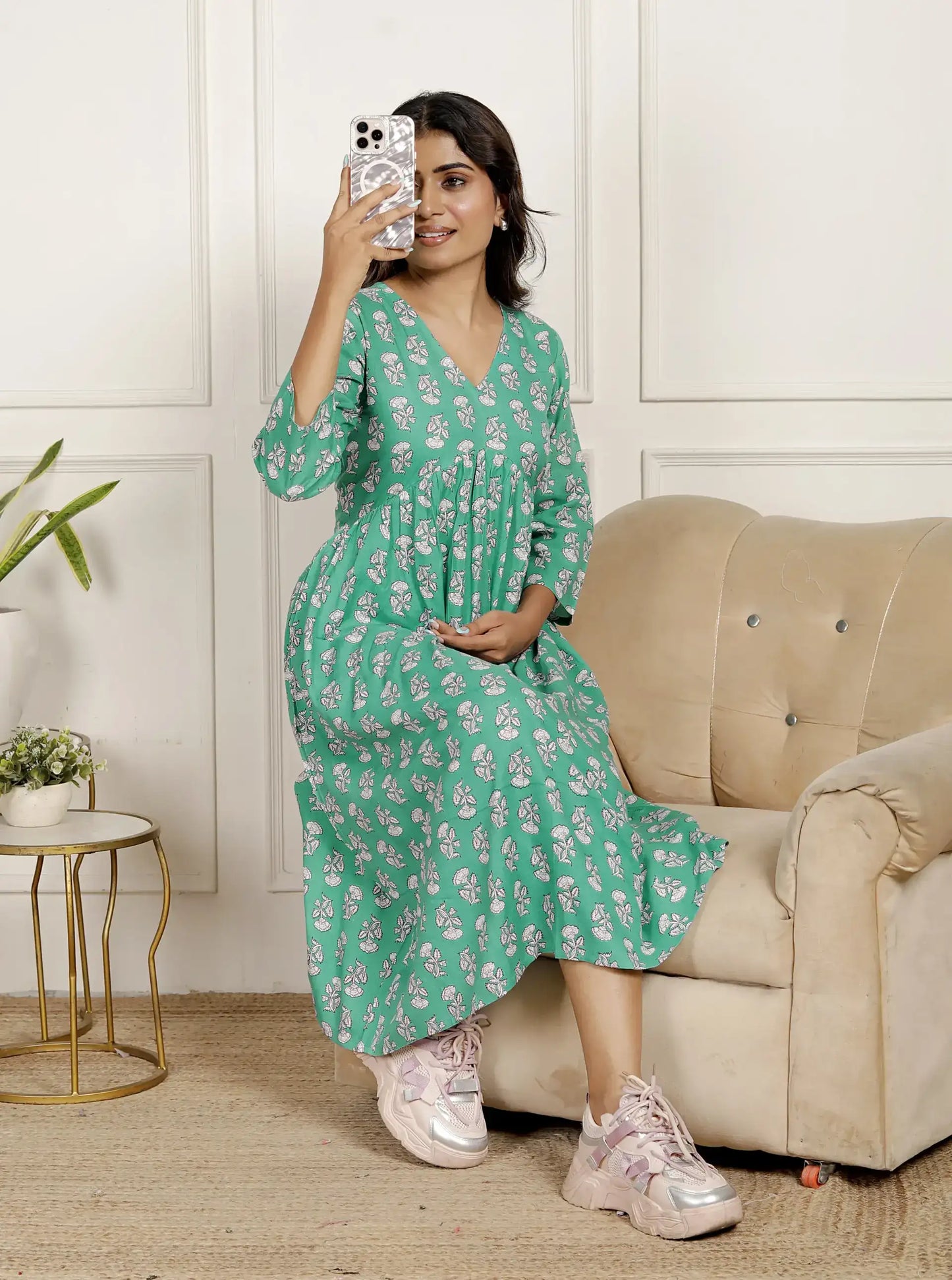Mint Green Hand-Block Printed Fit & Flare Cotton Midi Dress with 3/4 Sleeves & V-Neck | Breezy Everyday Wear – Lamenda