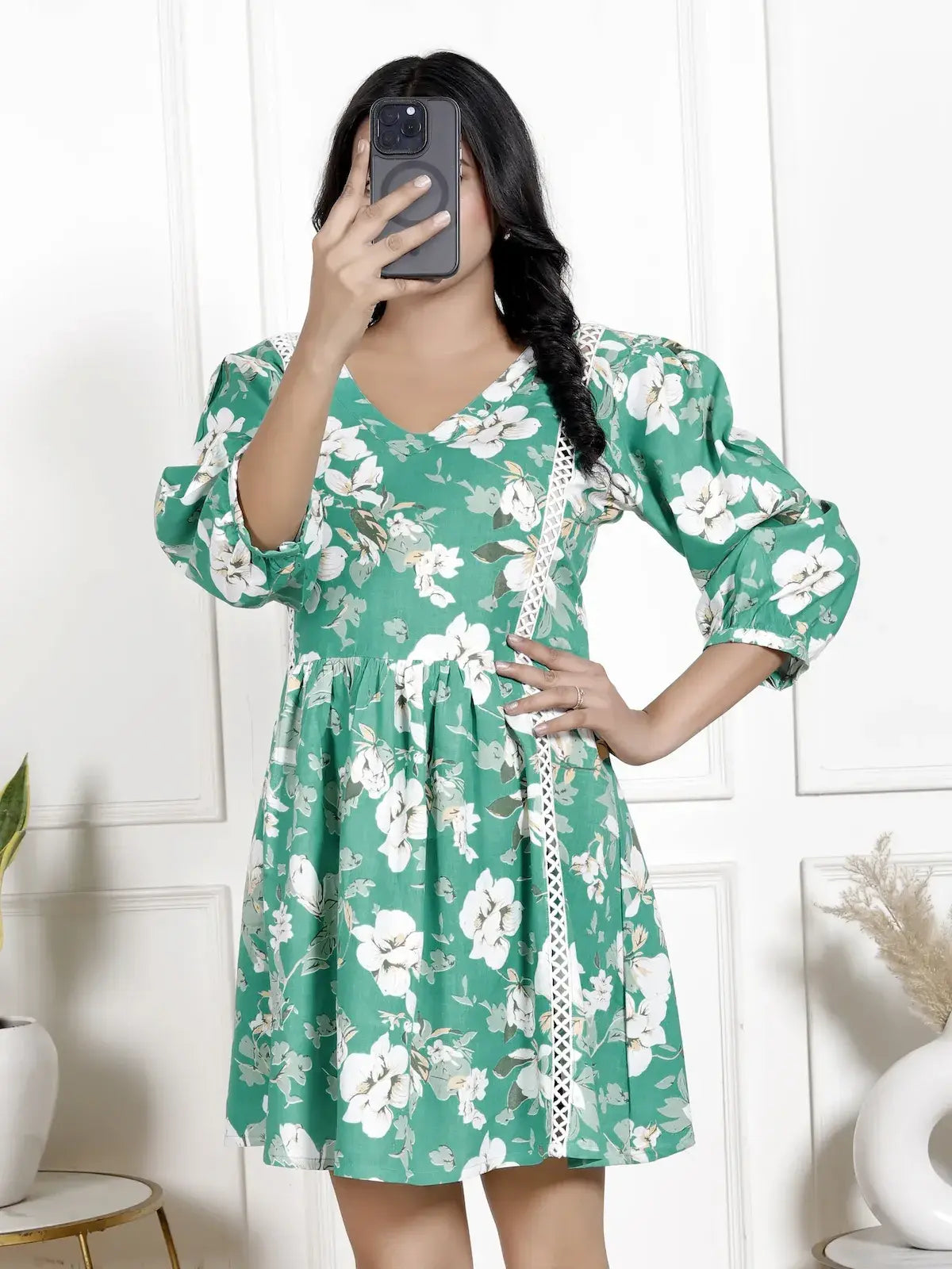 Emerald Green Floral Printed Tunic with Lace Detailing & Puff Sleeves | Short Flared V-Neck Kurti – Lamenda