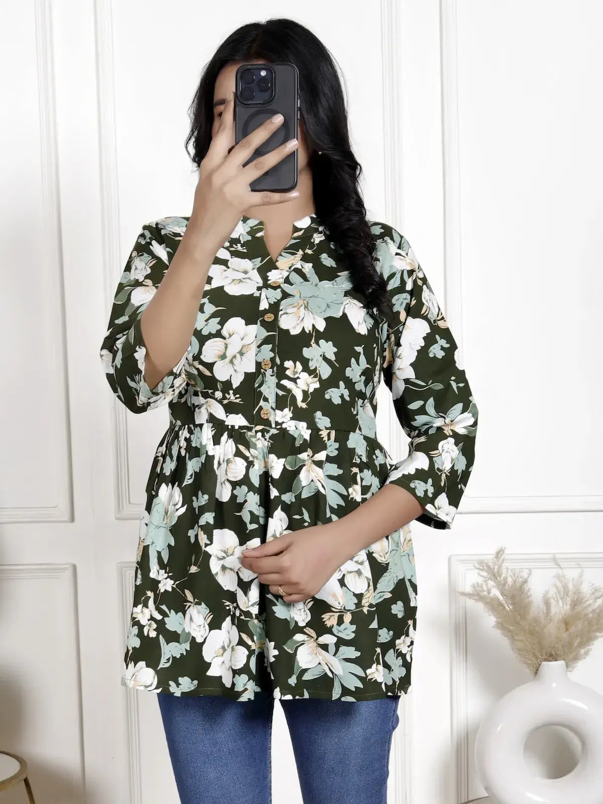 Olive Green Floral Button-Down Peplum Top with V-Neck & 3/4th Sleeves | Everyday Casual – Lamenda