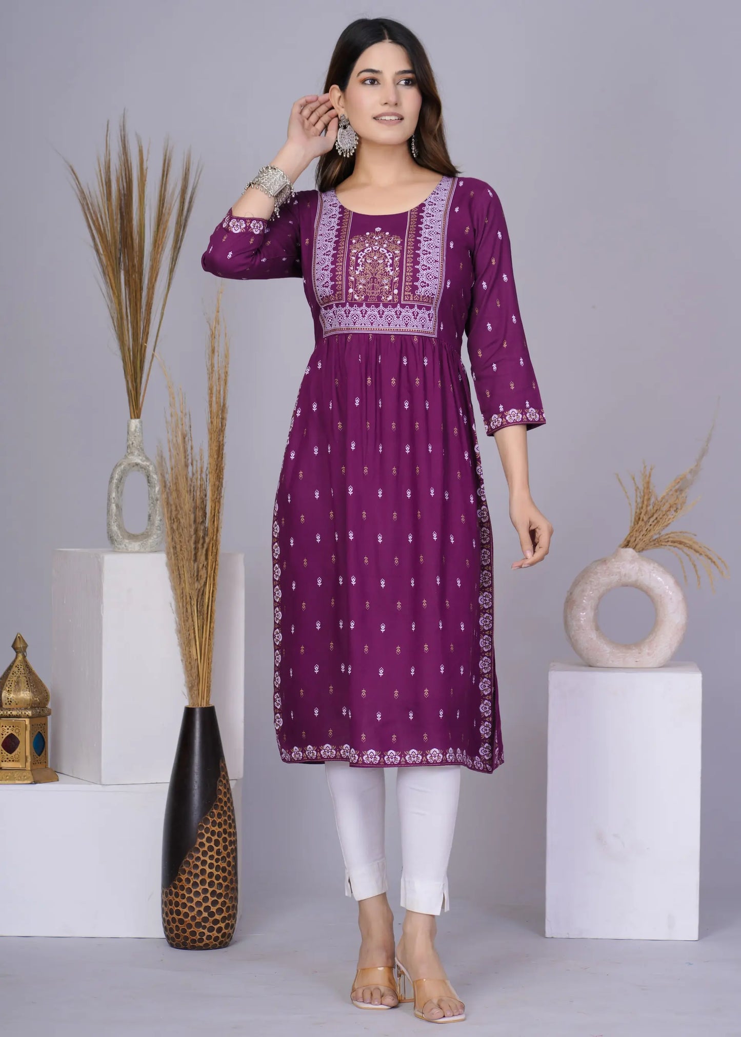 Purple Nayra Cut Printed Kurti with 3/4 Sleeves | Elegant Cotton Everyday Wear – Lamenda