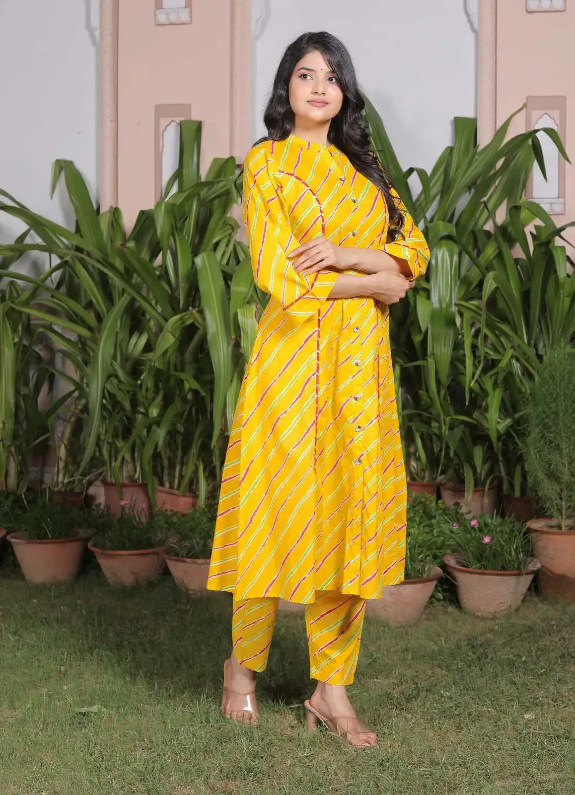 Yellow Leheriya Printed Cotton Kurta Set with Front Slit & Pants | Rajasthani Ethnic Flared Kurta Set – Lamenda