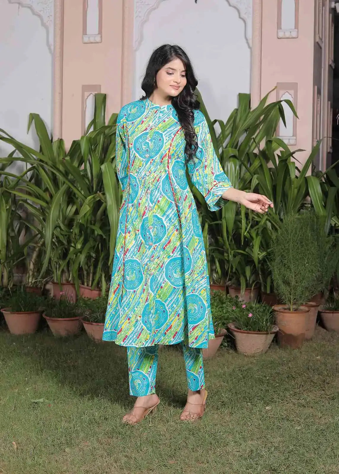 Turquoise Blue Elephant Print Cotton Kurta Set for Women | Ethnic Flared Kurta with Pants – Lamenda