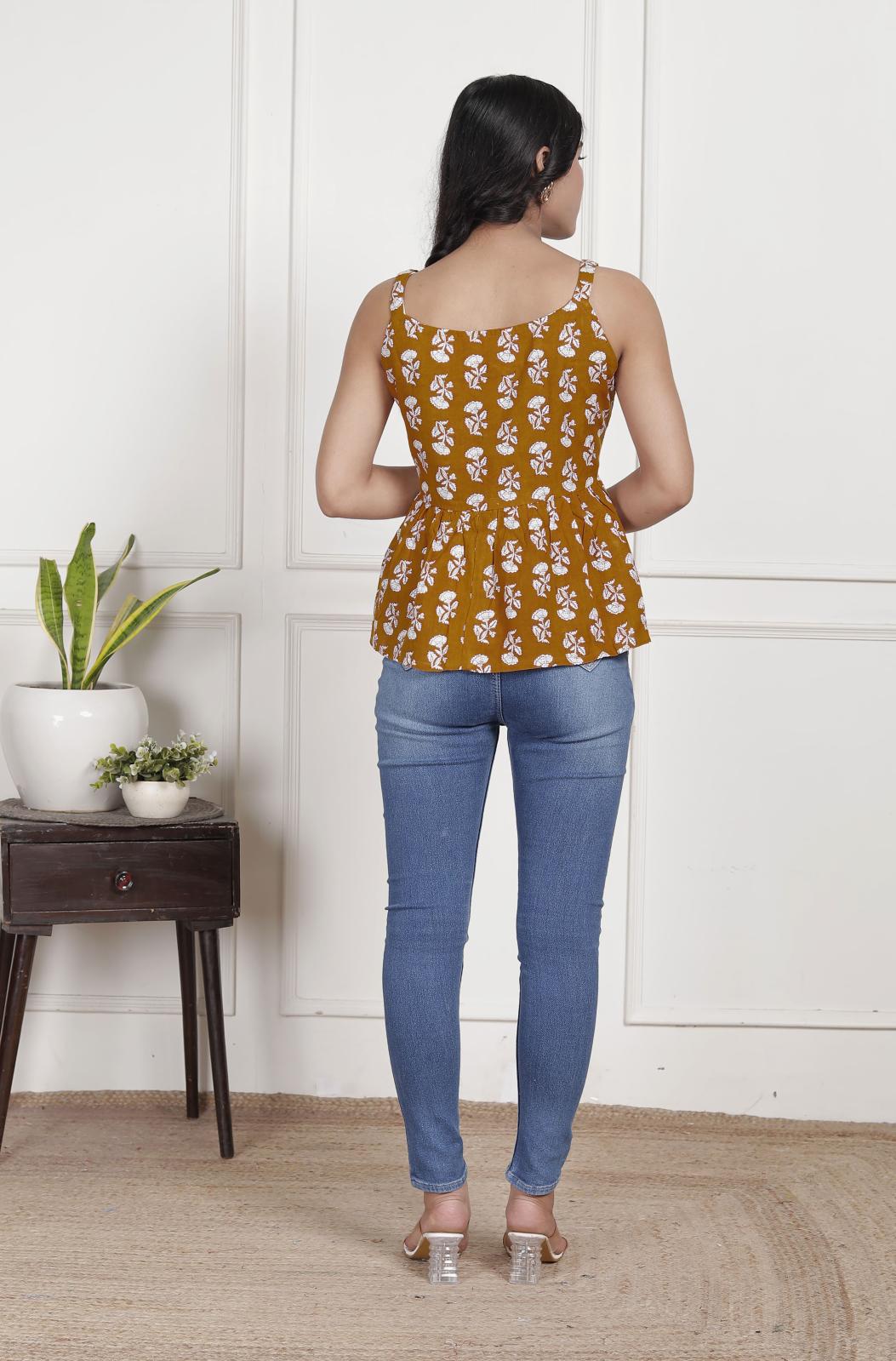 Rust & White Floral Sleeveless Peplum Top with Square Neck | Everyday Chic Wear – Lamenda