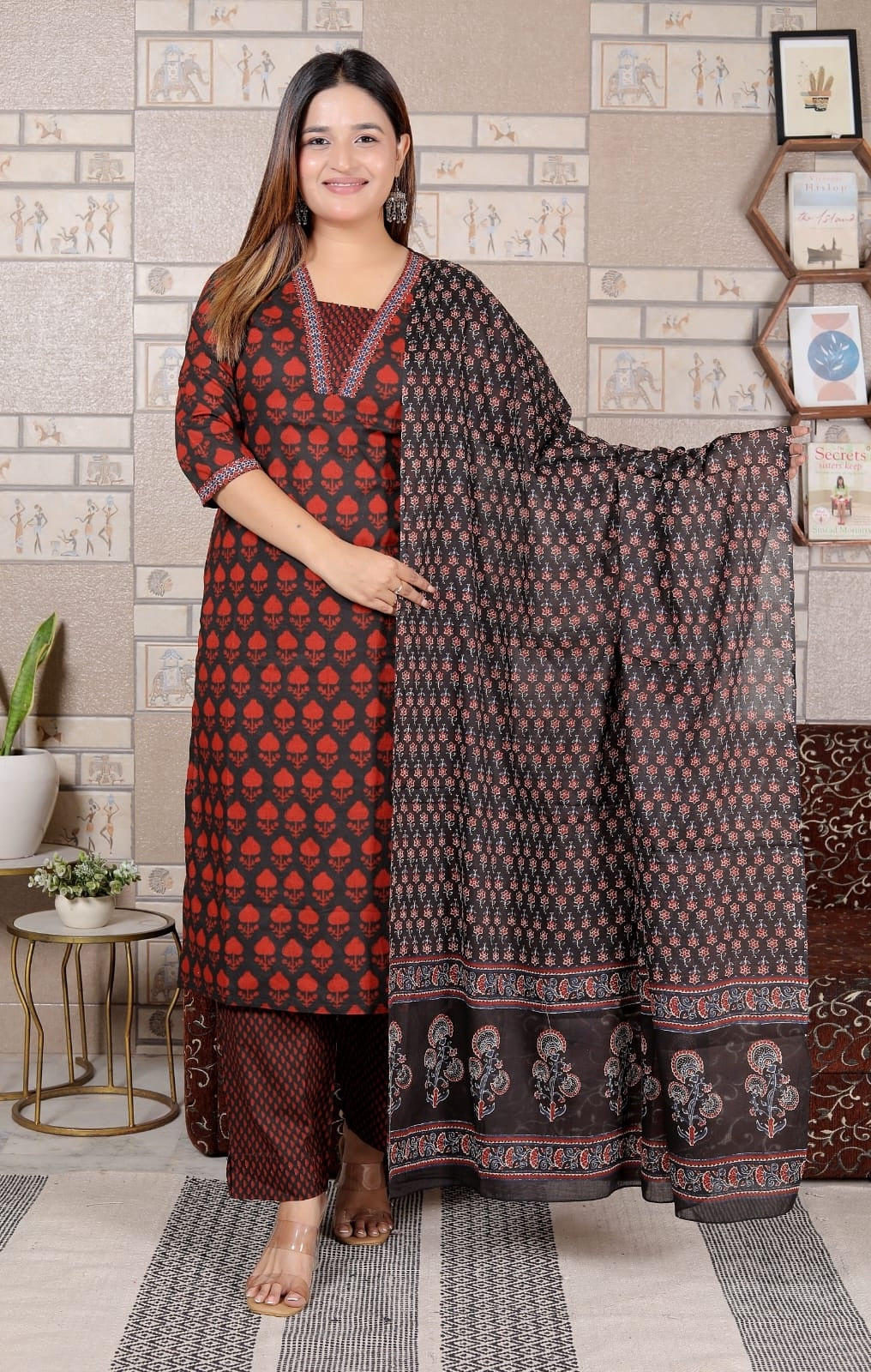 Maroon & Black Cotton Printed Suit Set with Dupatta | Elegant 3-Piece Kurta Set for Women – Lamenda