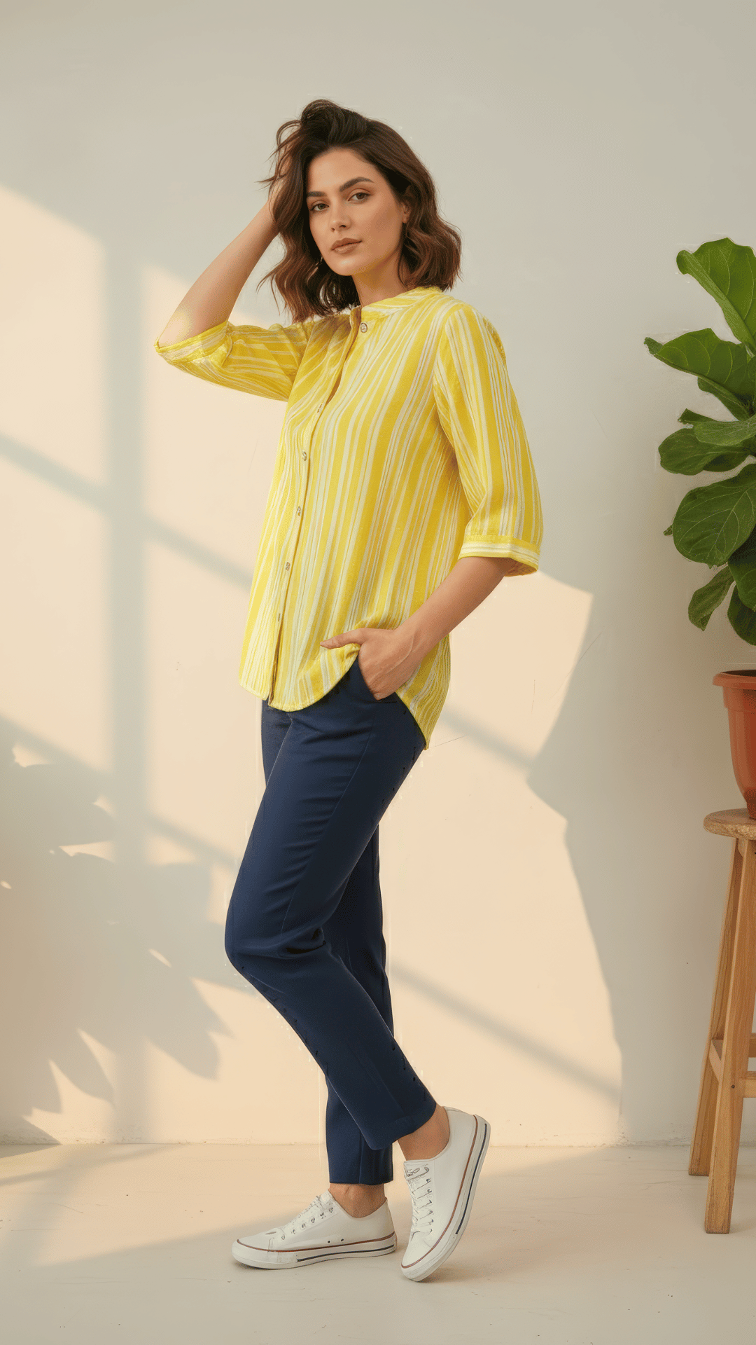 Yellow & White Striped Cotton Shirt with 3/4 Sleeves & Mandarin Collar | Casual Summer Top – Lamenda