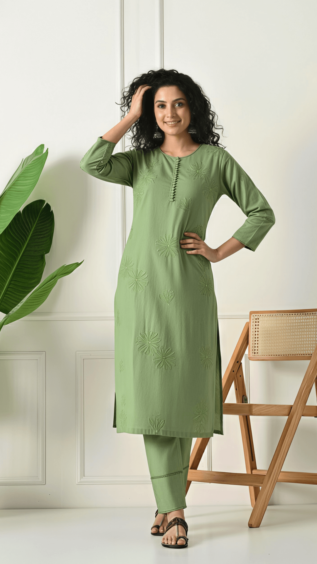 Sage Green Embroidered Cotton Kurta Set for Women | 2-Piece Set with Straight Pants – Lamenda Ethnic Wear