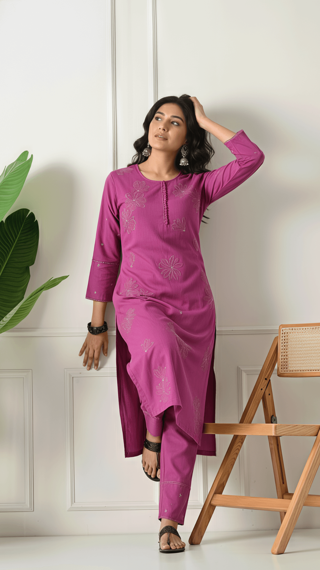 Magenta Embroidered Cotton Kurta Set for Women | 2-Piece Set with Straight Pants – Lamenda Ethnic Wear