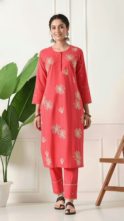 Coral Embroidered Cotton Kurta Set for Women | 2-Piece Set with Straight Pants – Lamenda Ethnic Wear