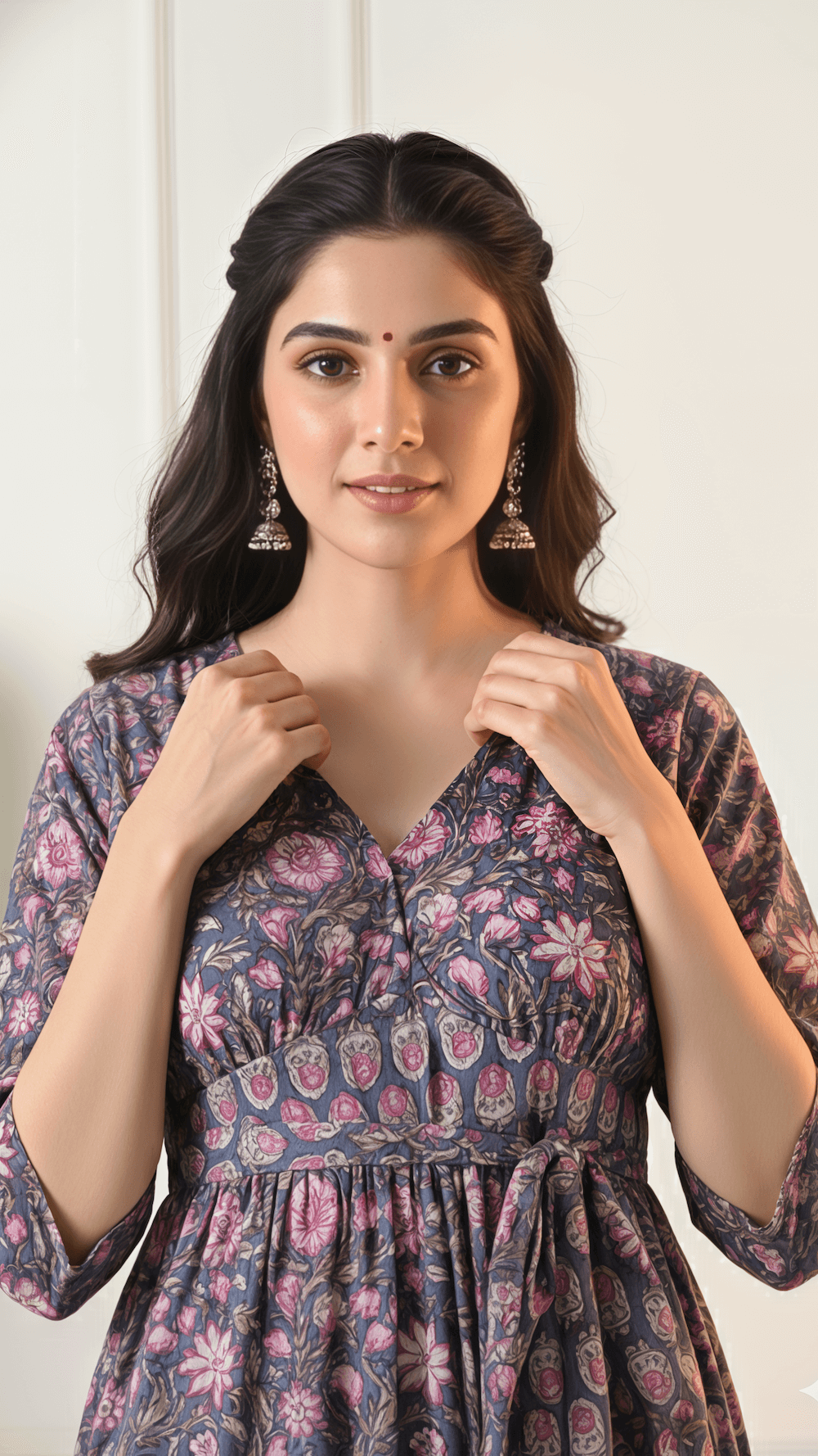 Grey & Pink Floral Printed Cotton Midi Dress for Women | V-Neck Fit & Flare Dress – Lamenda Casual Wear