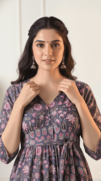 Grey & Pink Floral Printed Cotton Midi Dress for Women | V-Neck Fit & Flare Dress – Lamenda Casual Wear