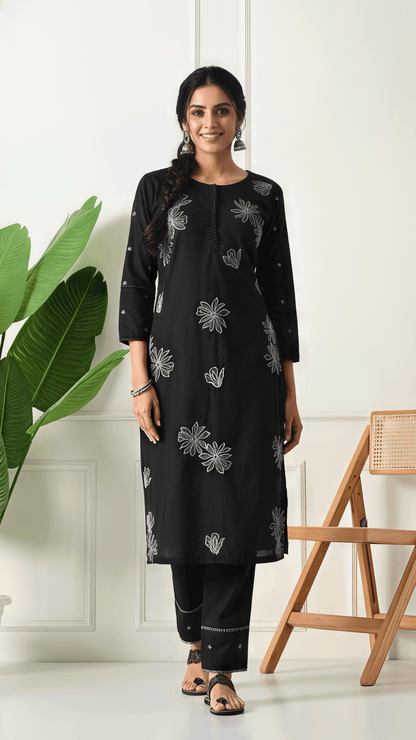 Black Embroidered Cotton Kurta Set for Women | 2-Piece Set with Straight Pants – Lamenda Ethnic Wear