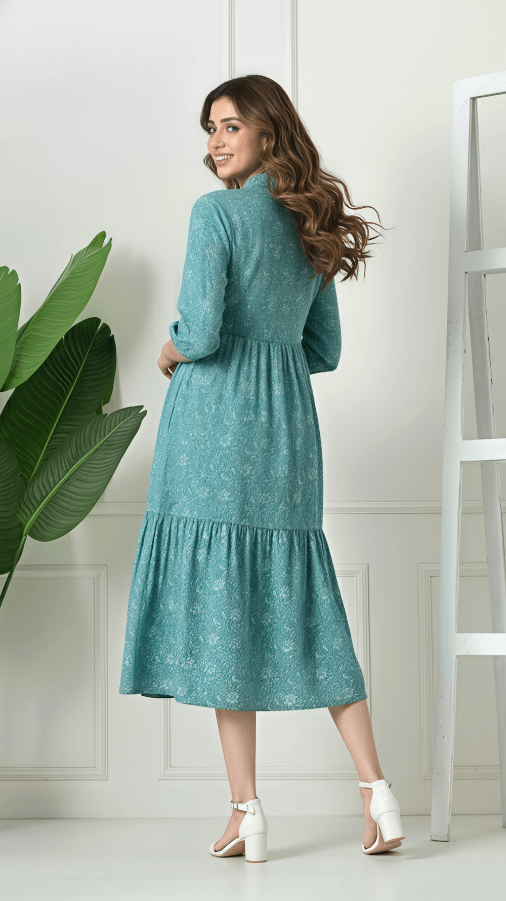 Teal Printed Cotton Midi Dress for Women | Collared Fit & Flare Dress with 3/4 Sleeves – Lamenda Casual Wear