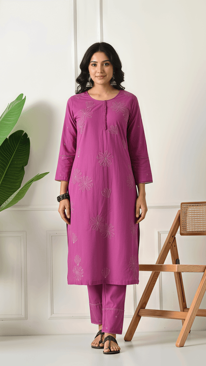 Magenta Embroidered Cotton Kurta Set for Women | 2-Piece Set with Straight Pants – Lamenda Ethnic Wear