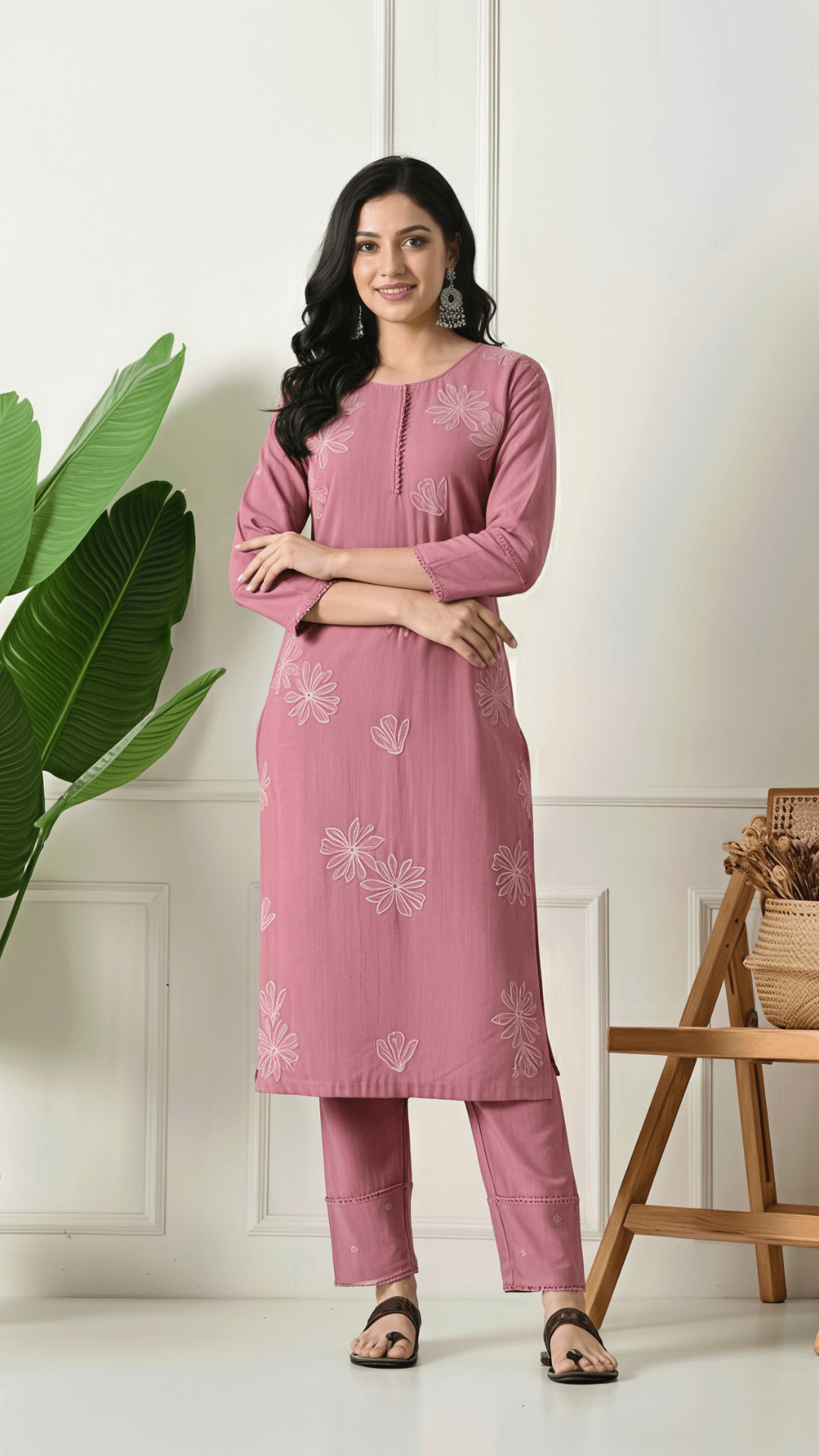 Rose Pink Embroidered Cotton Kurta Set for Women | 2-Piece Set with Straight Pants – Lamenda Ethnic Wear