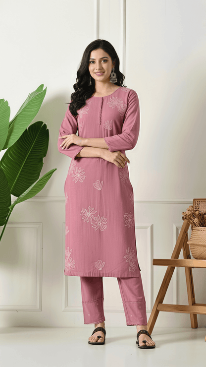 Rose Pink Embroidered Cotton Kurta Set for Women | 2-Piece Set with Straight Pants – Lamenda Ethnic Wear