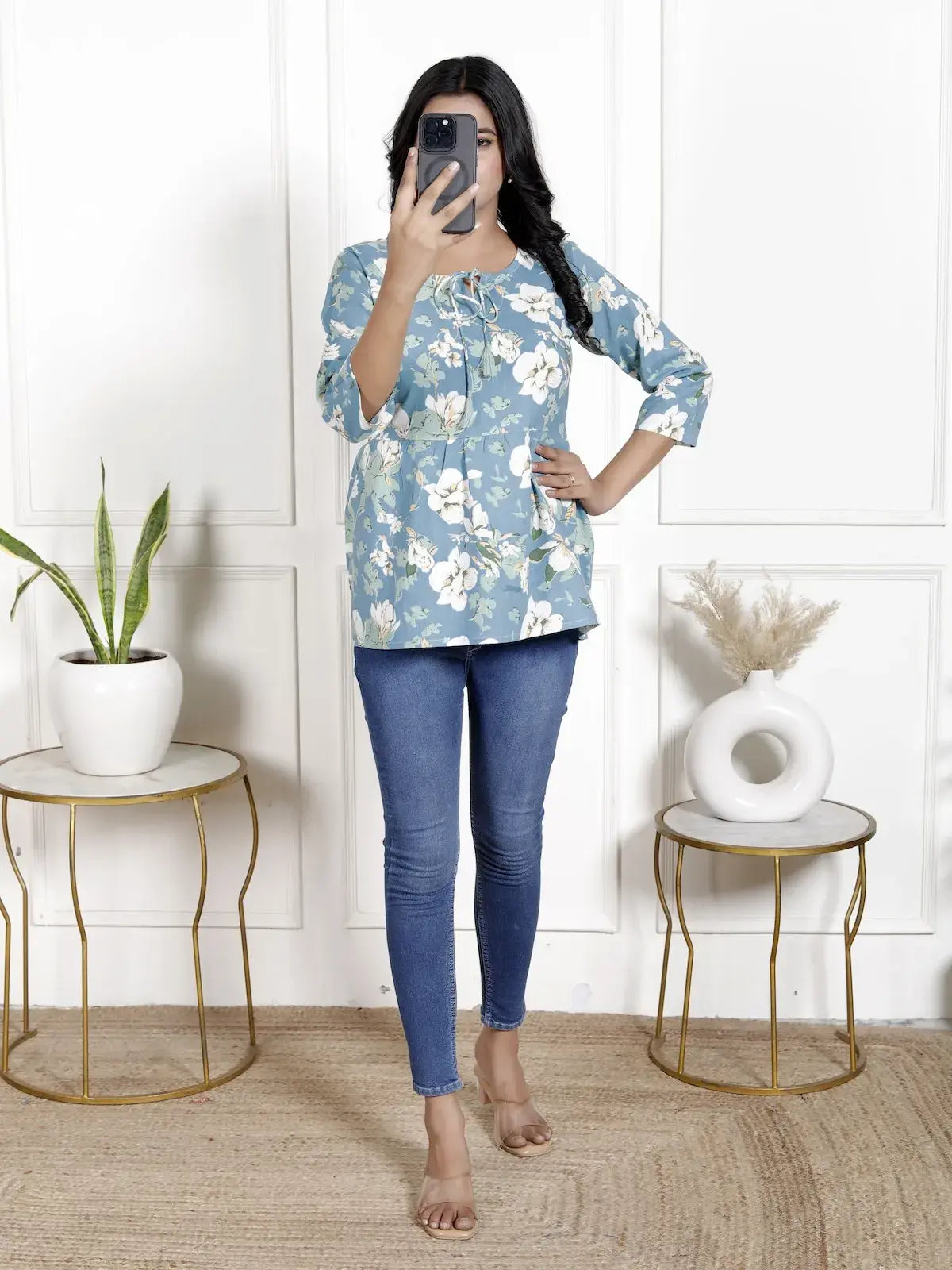 Lamenda Dusty Blue Floral Printed Peplum Top with Front Tie-Up & 3/4th Sleeves | Casual Chic Style – Lamenda