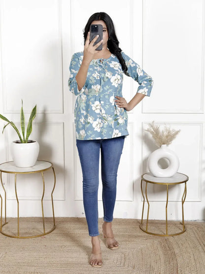 Lamenda Dusty Blue Floral Printed Peplum Top with Front Tie-Up & 3/4th Sleeves | Casual Chic Style – Lamenda