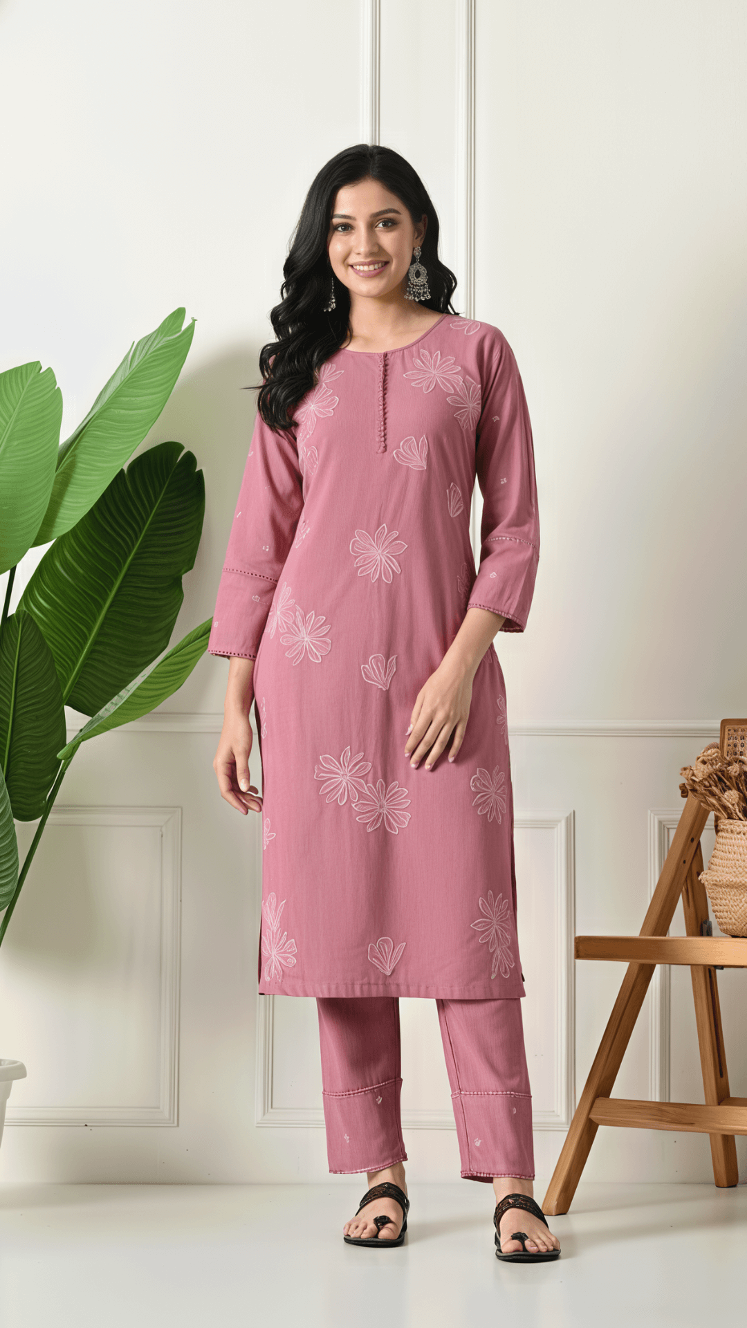 Rose Pink Embroidered Cotton Kurta Set for Women | 2-Piece Set with Straight Pants – Lamenda Ethnic Wear