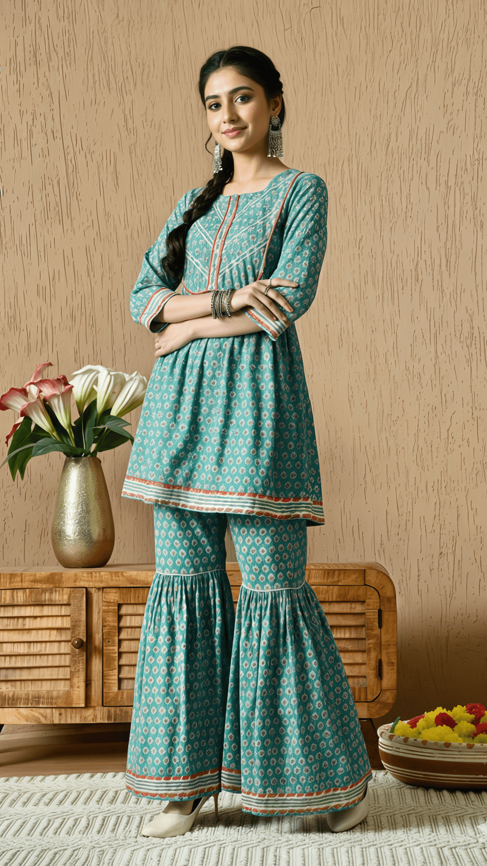 Teal & Coral Printed Cotton Kurta with Sharara Pants for Women | 2-Piece Set – Lamenda Ethnic Wear