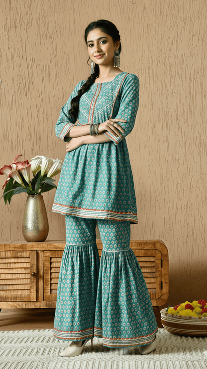Teal & Coral Printed Cotton Kurta with Sharara Pants for Women | 2-Piece Set – Lamenda Ethnic Wear