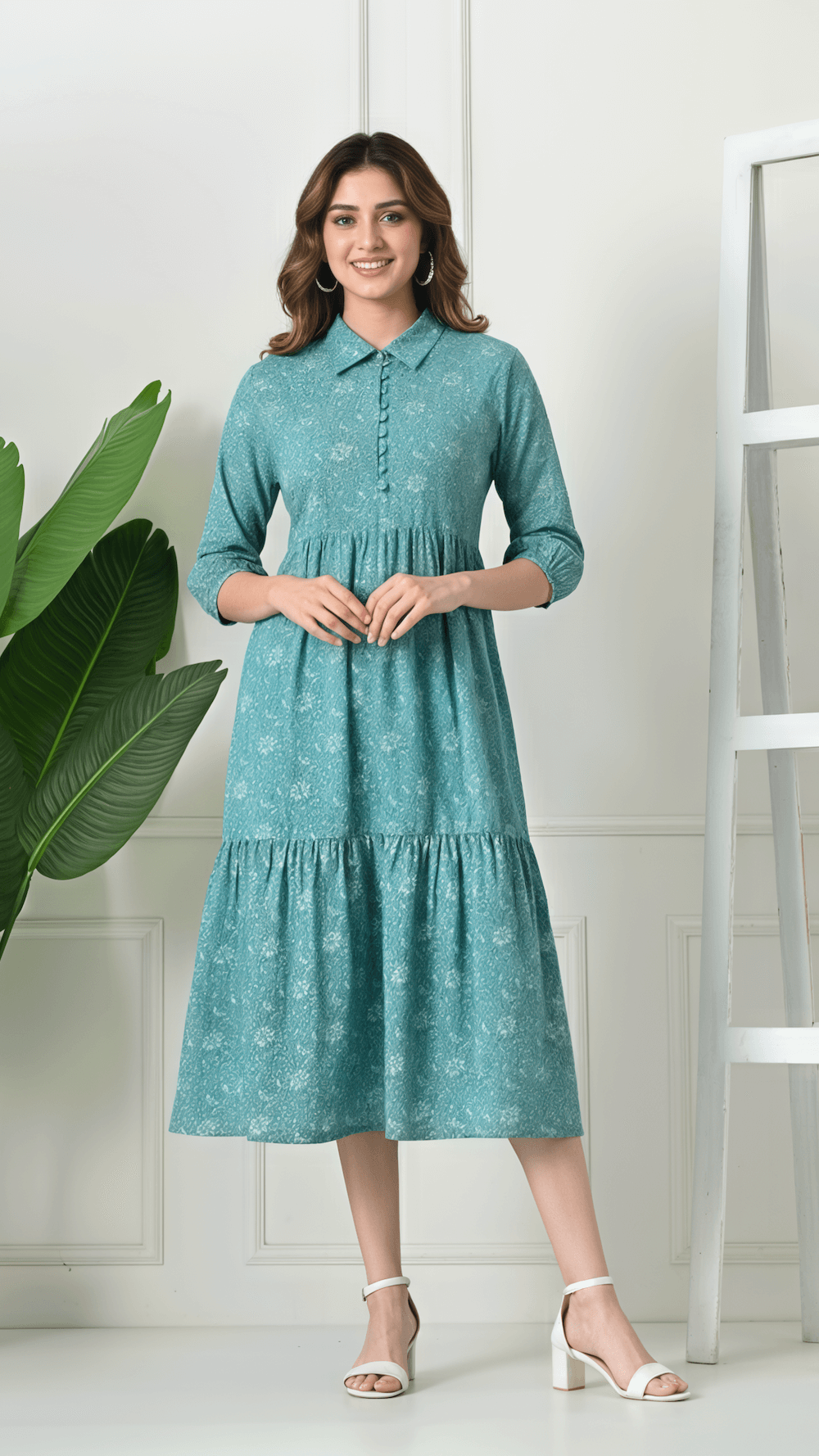 Teal Printed Cotton Midi Dress for Women | Collared Fit & Flare Dress with 3/4 Sleeves – Lamenda Casual Wear