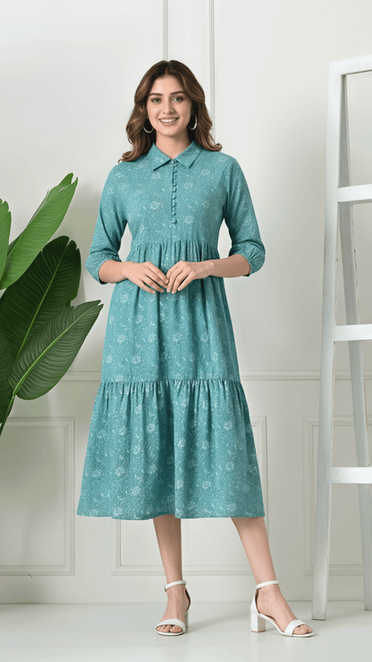 Teal Printed Cotton Midi Dress for Women | Collared Fit & Flare Dress with 3/4 Sleeves – Lamenda Casual Wear