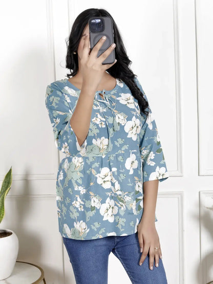 Lamenda Dusty Blue Floral Printed Peplum Top with Front Tie-Up & 3/4th Sleeves | Casual Chic Style – Lamenda