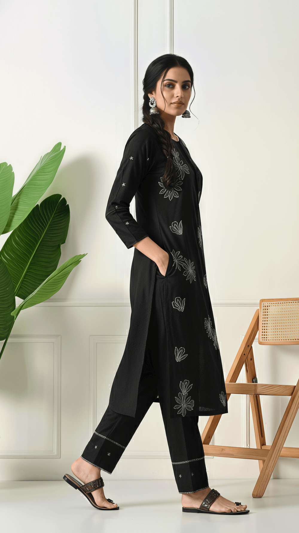 Black Embroidered Cotton Kurta Set for Women | 2-Piece Set with Straight Pants – Lamenda Ethnic Wear