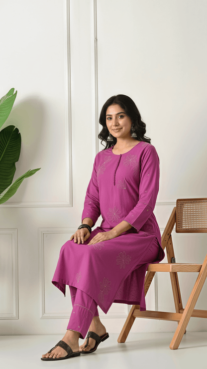 Magenta Embroidered Cotton Kurta Set for Women | 2-Piece Set with Straight Pants – Lamenda Ethnic Wear