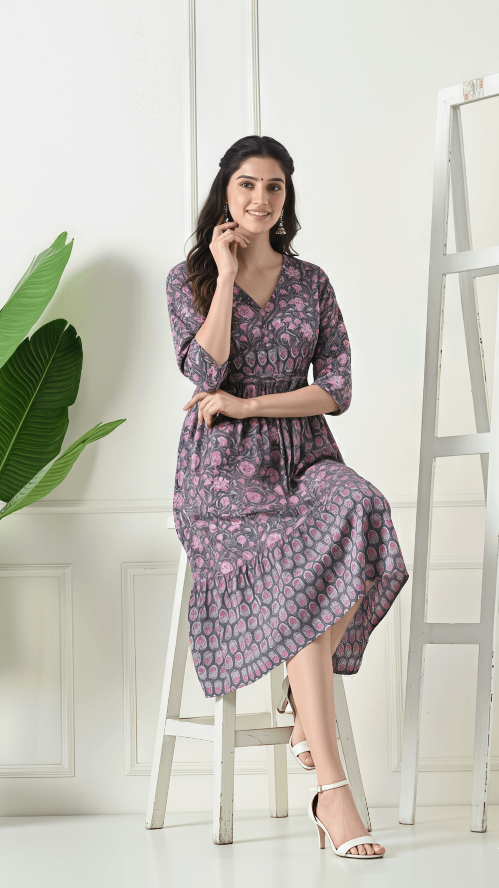 Grey & Pink Floral Printed Cotton Midi Dress for Women | V-Neck Fit & Flare Dress – Lamenda Casual Wear