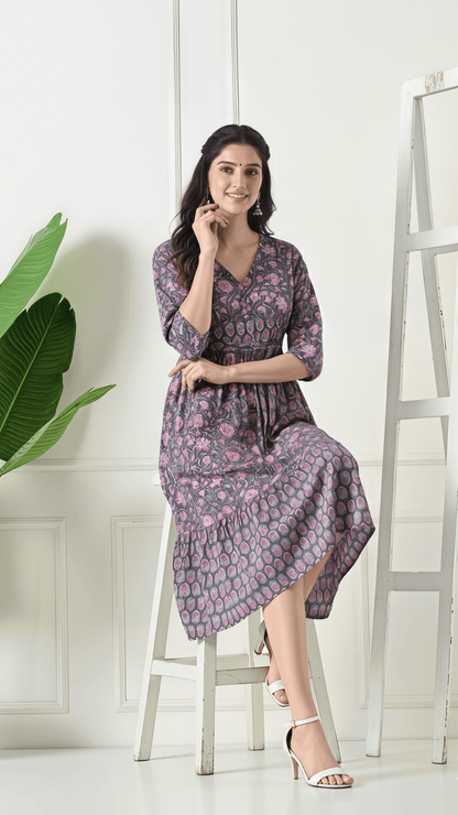 Grey & Pink Floral Printed Cotton Midi Dress for Women | V-Neck Fit & Flare Dress – Lamenda Casual Wear