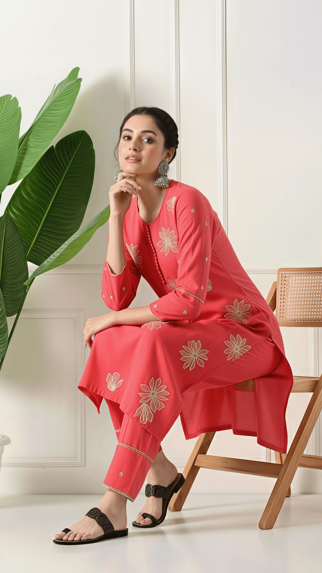 Coral Embroidered Cotton Kurta Set for Women | 2-Piece Set with Straight Pants – Lamenda Ethnic Wear