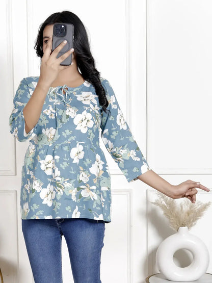 Lamenda Dusty Blue Floral Printed Peplum Top with Front Tie-Up & 3/4th Sleeves | Casual Chic Style – Lamenda