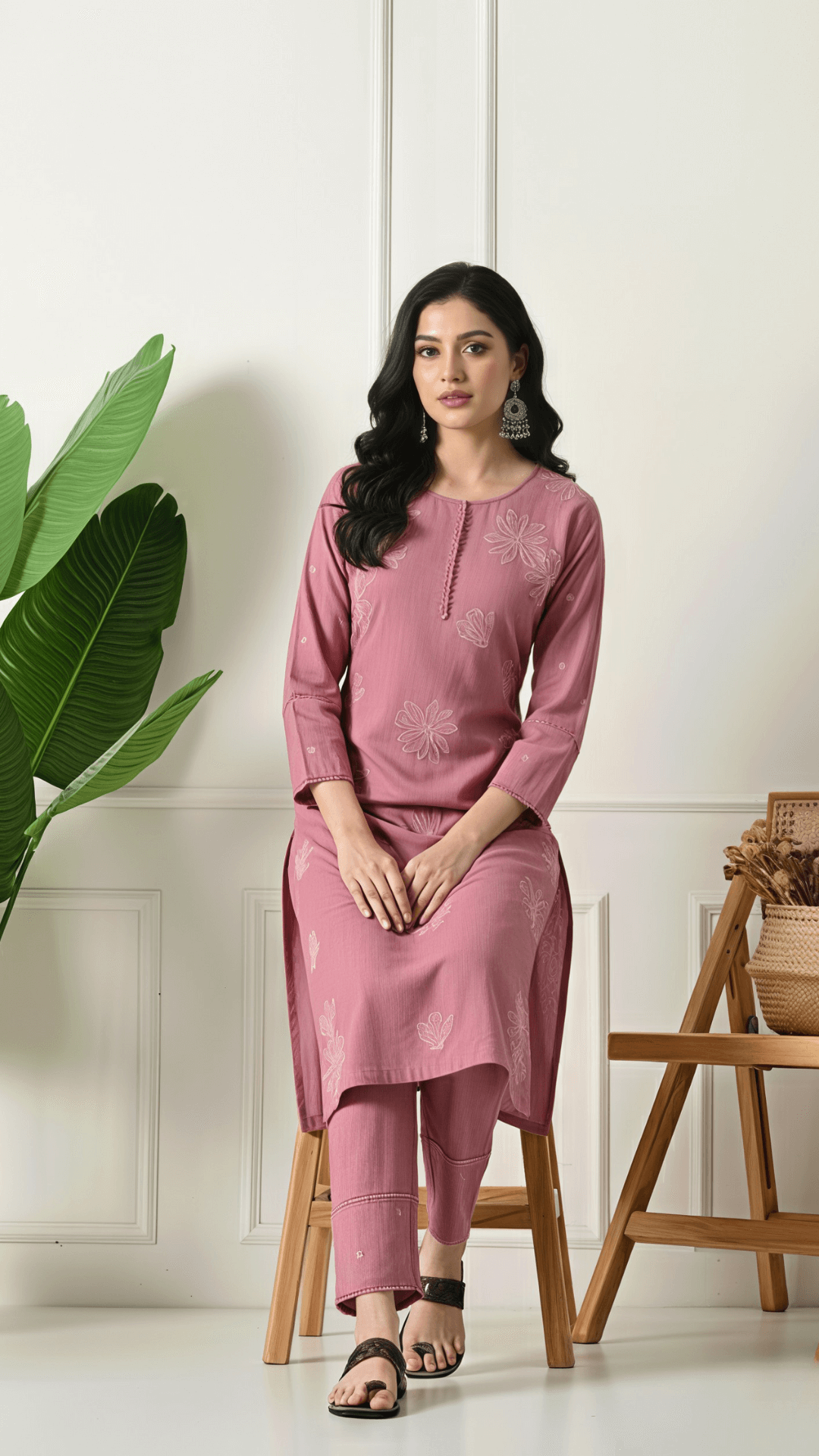 Rose Pink Embroidered Cotton Kurta Set for Women | 2-Piece Set with Straight Pants – Lamenda Ethnic Wear