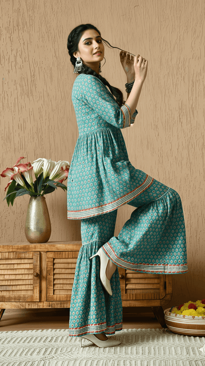Teal & Coral Printed Cotton Kurta with Sharara Pants for Women | 2-Piece Set – Lamenda Ethnic Wear