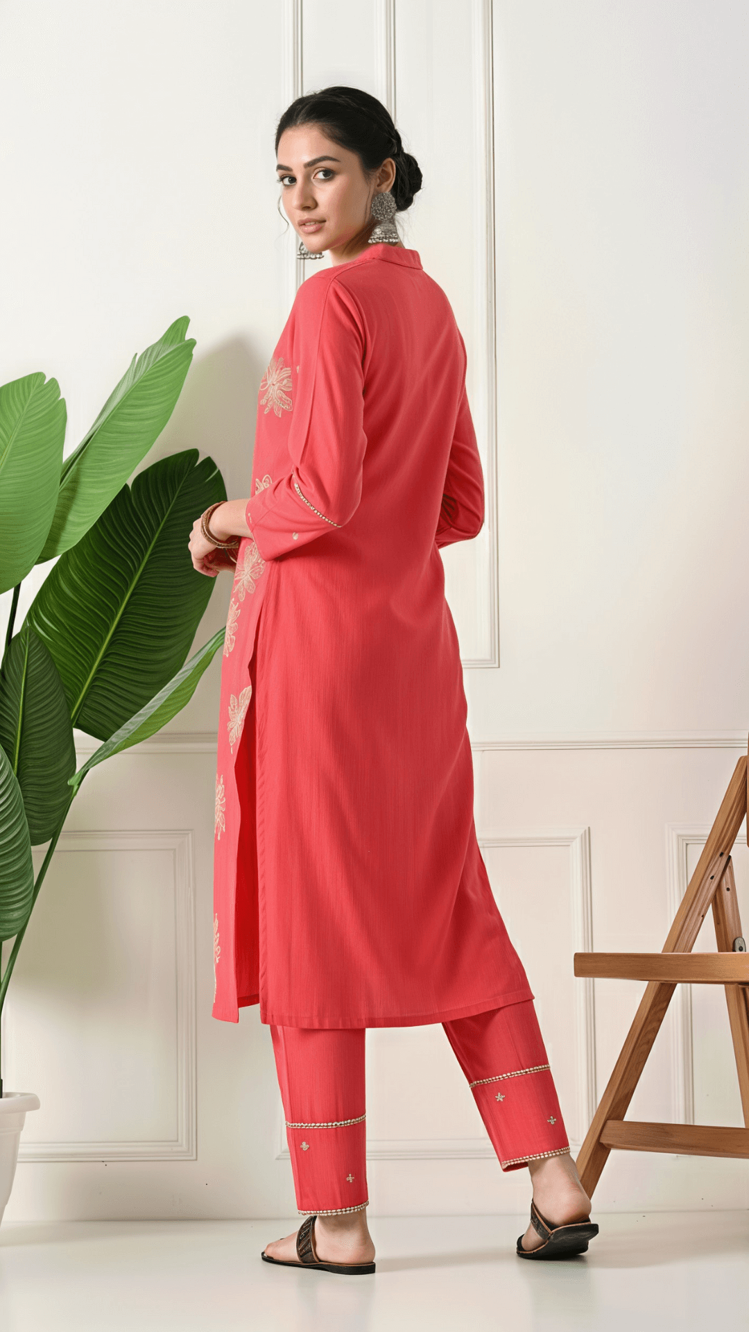 Coral Embroidered Cotton Kurta Set for Women | 2-Piece Set with Straight Pants – Lamenda Ethnic Wear