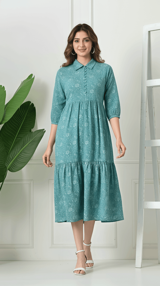 Teal Printed Cotton Midi Dress for Women | Collared Fit & Flare Dress with 3/4 Sleeves – Lamenda Casual Wear
