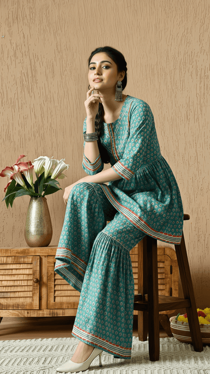 Teal & Coral Printed Cotton Kurta with Sharara Pants for Women | 2-Piece Set – Lamenda Ethnic Wear