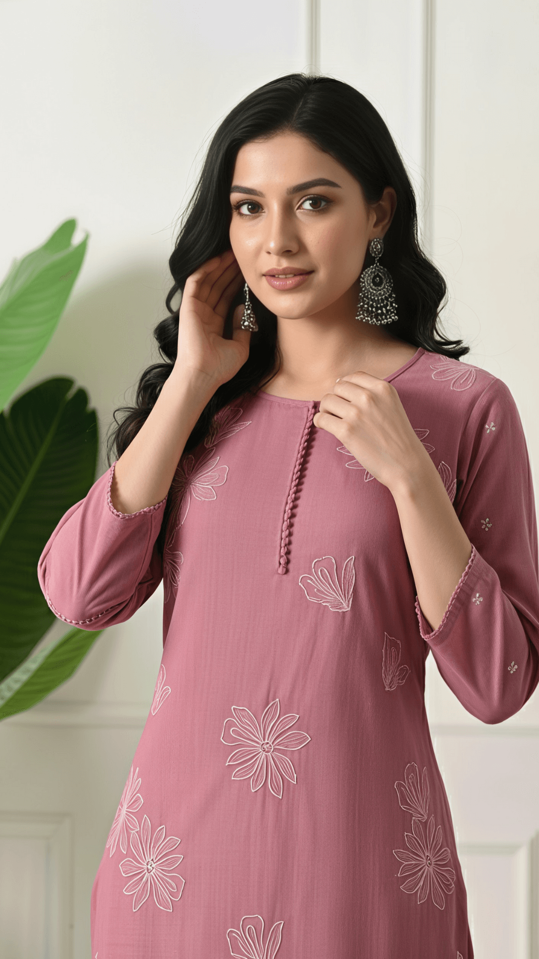 Rose Pink Embroidered Cotton Kurta Set for Women | 2-Piece Set with Straight Pants – Lamenda Ethnic Wear