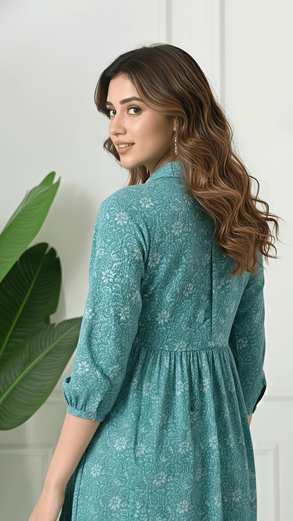 Teal Printed Cotton Midi Dress for Women | Collared Fit & Flare Dress with 3/4 Sleeves – Lamenda Casual Wear