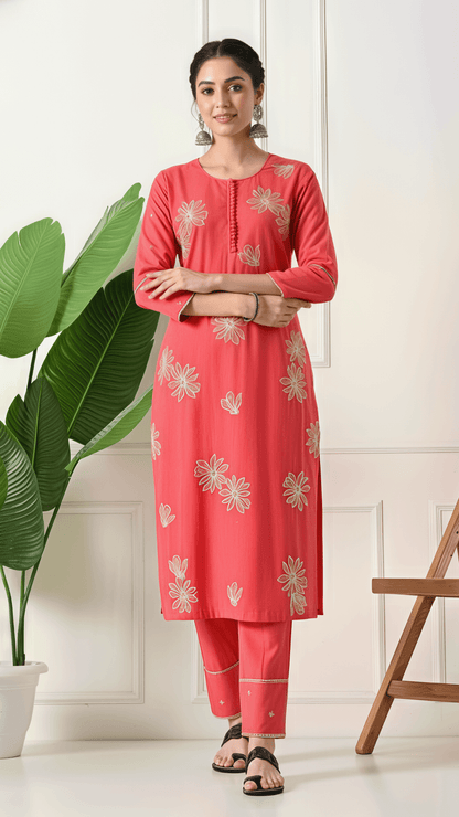Coral Embroidered Cotton Kurta Set for Women | 2-Piece Set with Straight Pants – Lamenda Ethnic Wear