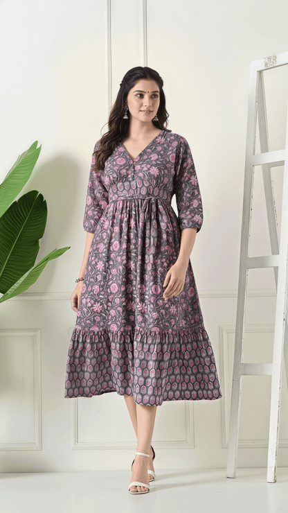 Grey & Pink Floral Printed Cotton Midi Dress for Women | V-Neck Fit & Flare Dress – Lamenda Casual Wear